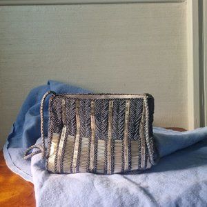 Artel Vintage Hand Beaded Evening Purse. Made In Hong Kong. Metallic Blue/silver